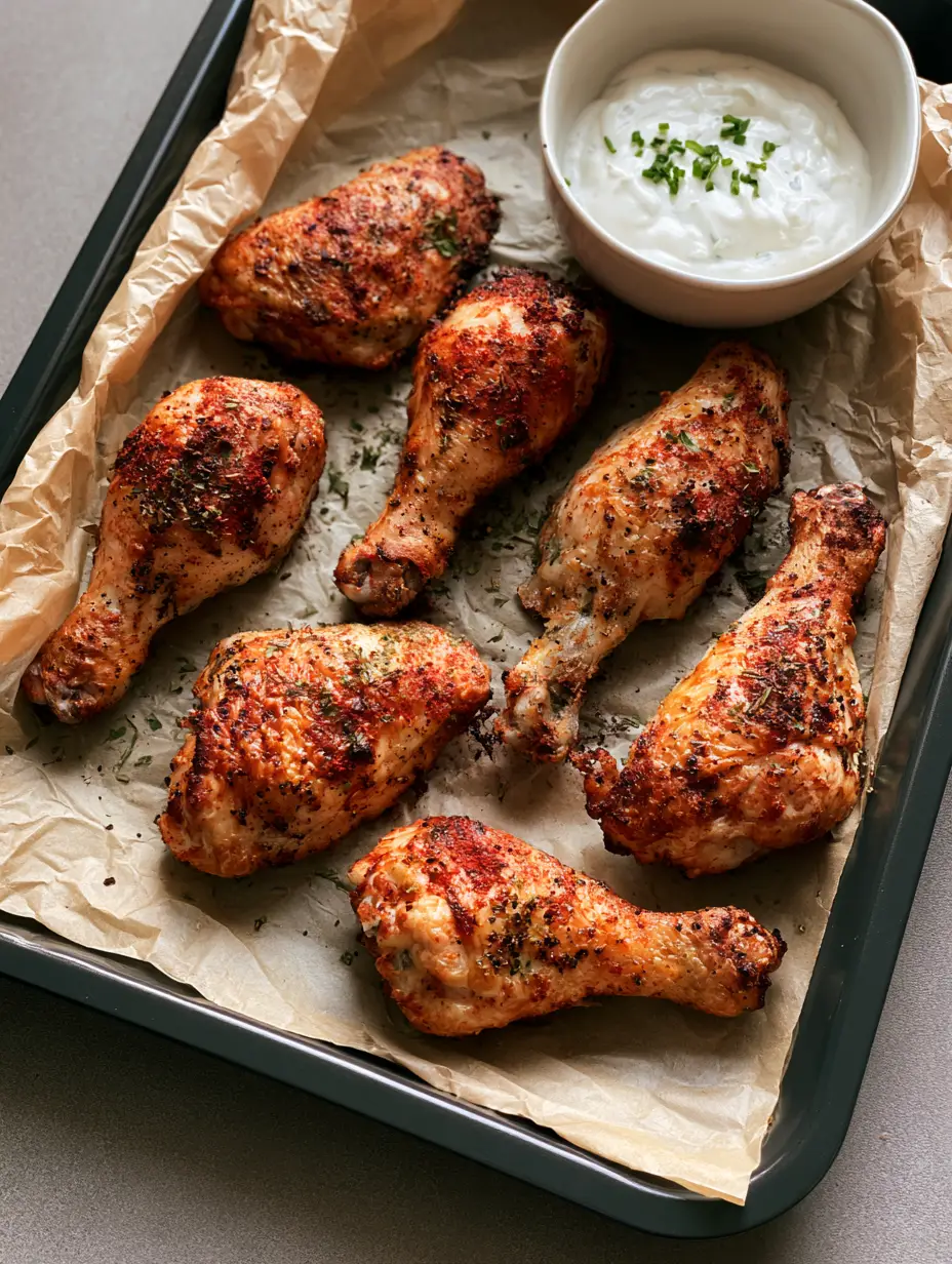 Crispy Oven Baked Chicken Drumsticks with Smoked Paprika 3 A top-down angled shot of Crispy Oven Baked Chicken Drumsticks on a dark rimmed metal baking sheet lined with beige parchment.