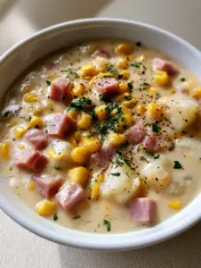 High-angle view of Ham and Potato Corn Chowder showcasing the thick cream broth and golden corn kernels.