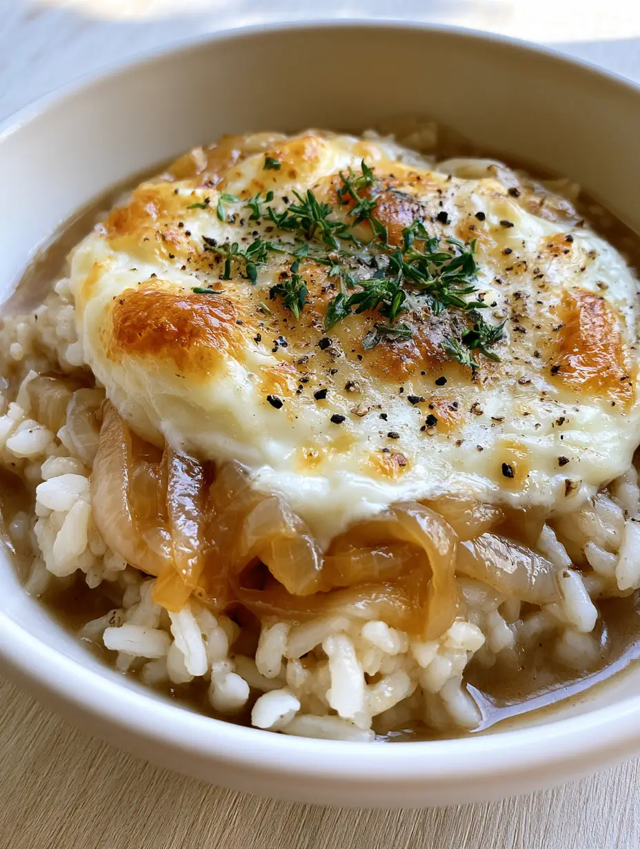 A shallow ceramic bowl filled with French Onion Soup Rice, featuring caramelized onion slivers and melted cheese spots.