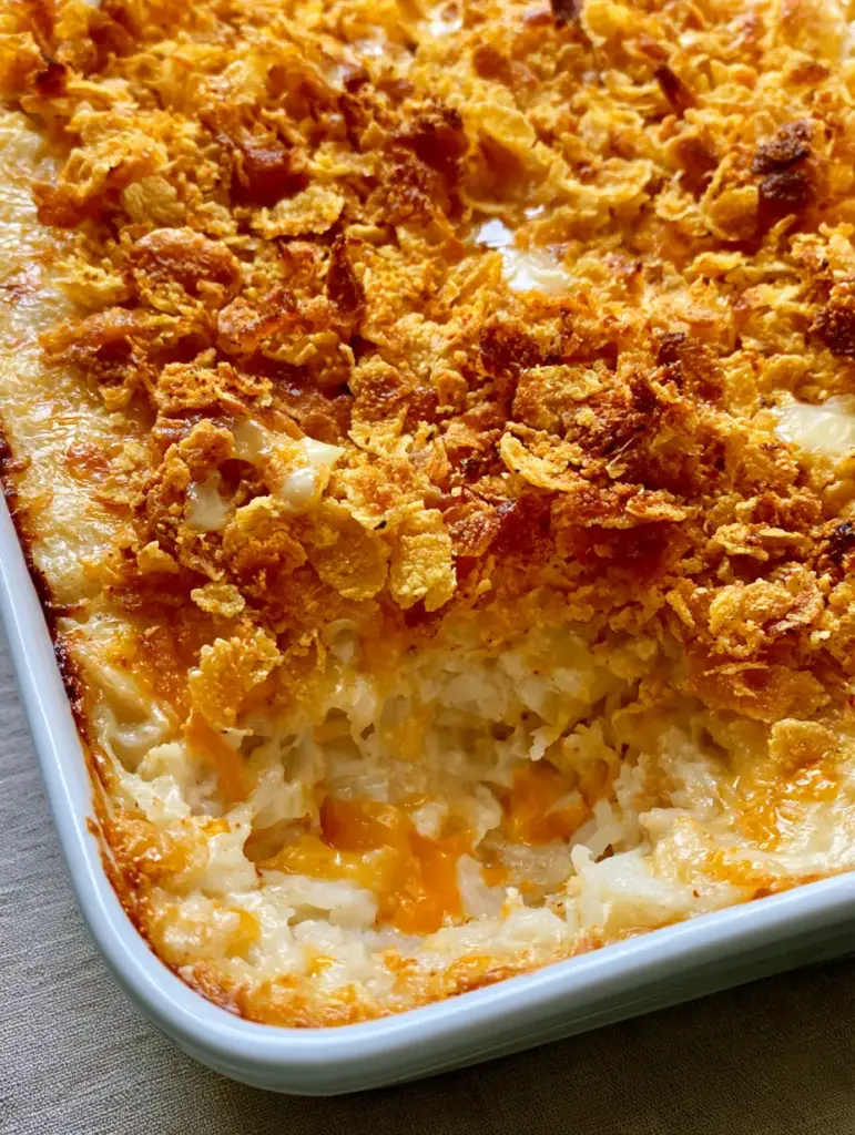 Close-up of the creamy sauce base and shredded potatoes peeking through bubbly cheddar cheese edges in a ceramic dish.