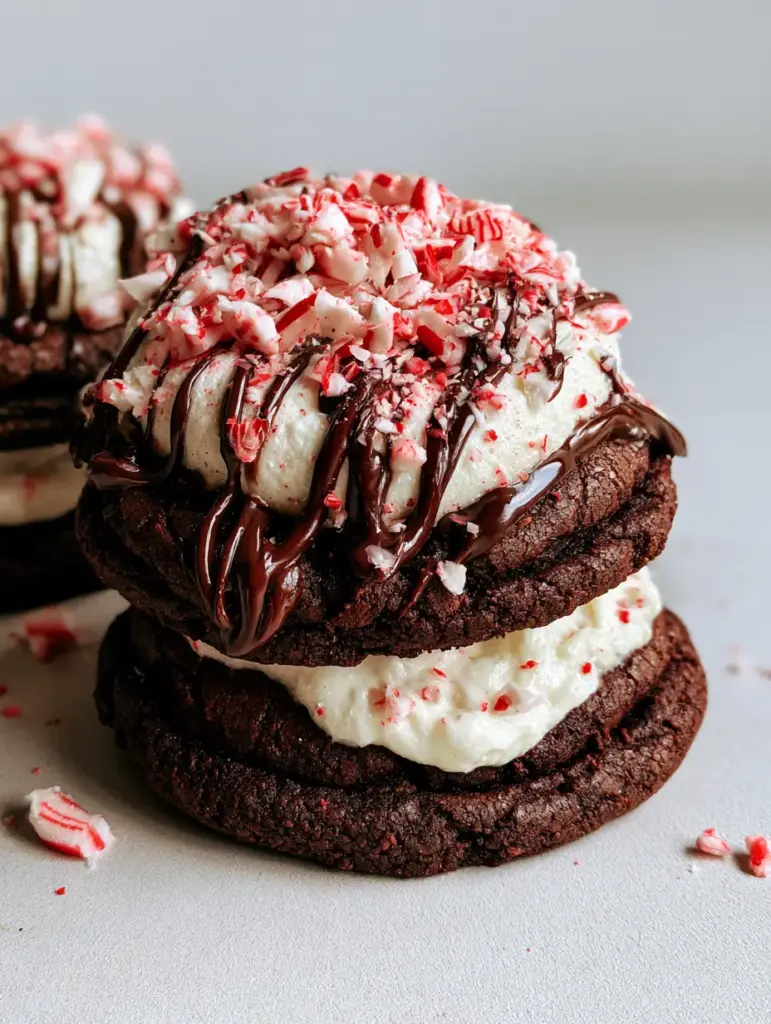 Peppermint Hot Chocolate Cookies (Soft-Baked & Fudgy) 1 A stack of Peppermint Hot Chocolate Cookies showing the melted gooey marshmallow layers.