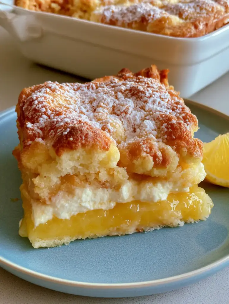 Lemon Cream Cheese Dump Cake: The Easiest 3-Layer Dessert 1 Overhead view of a slice of Lemon Cream Cheese Dump Cake with a fresh lemon wedge garnish.