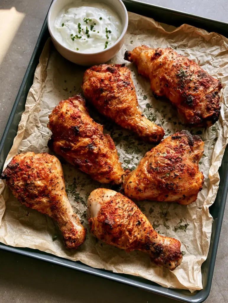 Crispy Oven Baked Chicken Drumsticks with Smoked Paprika 1 Close up of bubbled crispy skin on oven baked drumsticks with red paprika and green herb flakes.