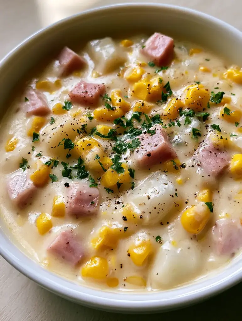 Ham and Potato Corn Chowder: The Ultimate Creamy Comfort Food 1 Close-up of white ceramic bowl filled with ham and potato corn chowder garnished with parsley and cracked black pepper.