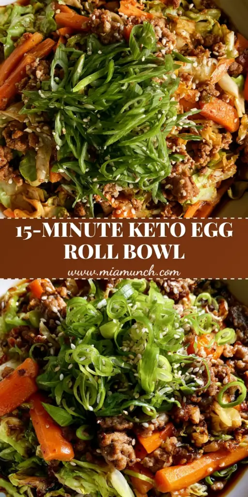 Egg Roll in a Bowl: The Ultimate 15-Minute One-Pan Dinner 3 A top-down view of a white ceramic bowl filled with Egg Roll in a Bowl, featuring browned meat crumbles, sautéed green cabbage, and wilted carrots with a heavy garnish of scallions.