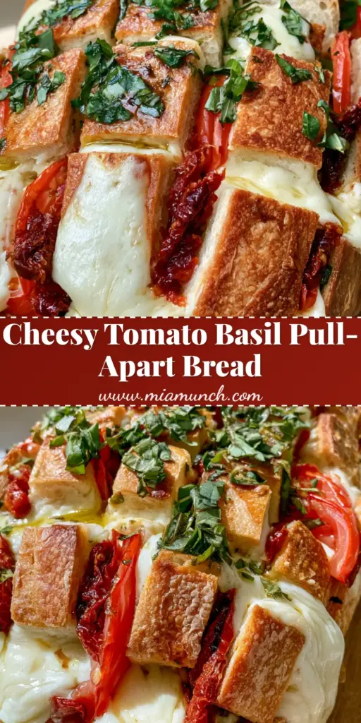 Tomato Basil Mozzarella Bread: The Ultimate Pull-Apart Artisan Loaf 4 A top-down view of Tomato Basil Mozzarella Bread on a wooden board featuring melted cheese and fresh basil.