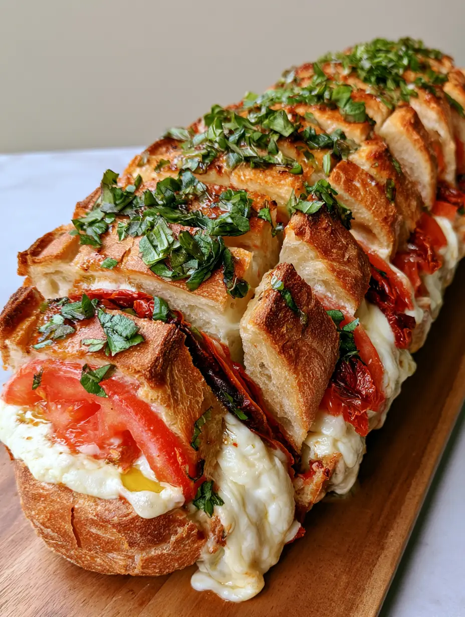 Tomato Basil Mozzarella Bread: The Ultimate Pull-Apart Artisan Loaf 3 Close up of the grid pattern cut into the artisan baguette for the Tomato Basil Mozzarella Bread.