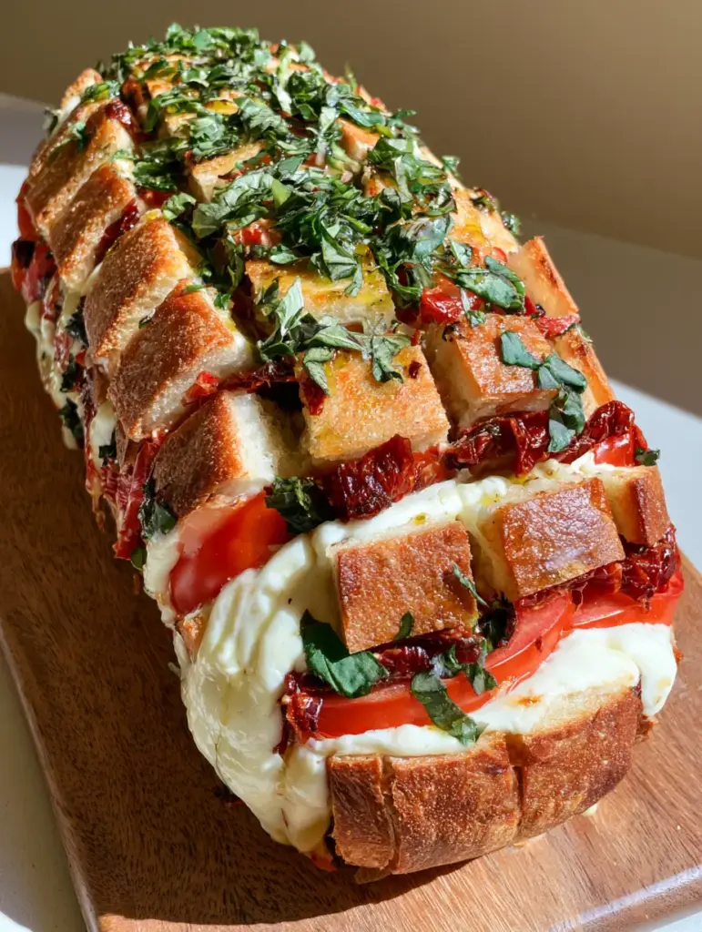 Tomato Basil Mozzarella Bread: The Ultimate Pull-Apart Artisan Loaf 1 A side view of the toasted Tomato Basil Mozzarella Bread showing layers of fresh and sun-dried tomatoes.