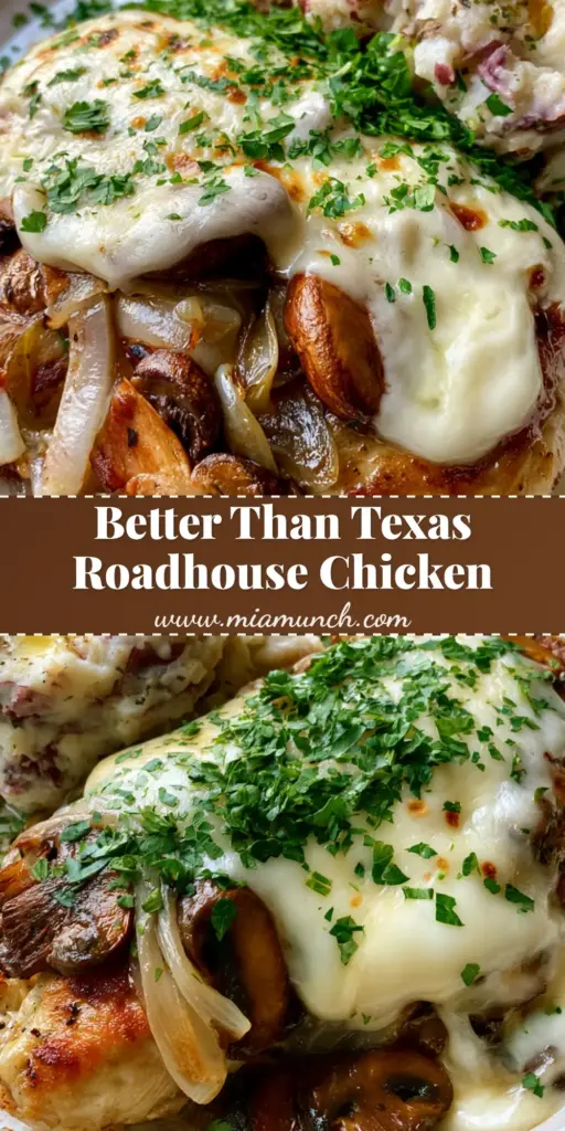 A handheld smartphone photo of Texas Roadhouse Smothered Chicken with melted Monterey Jack cheese and rustic red-skin mashed potatoes.