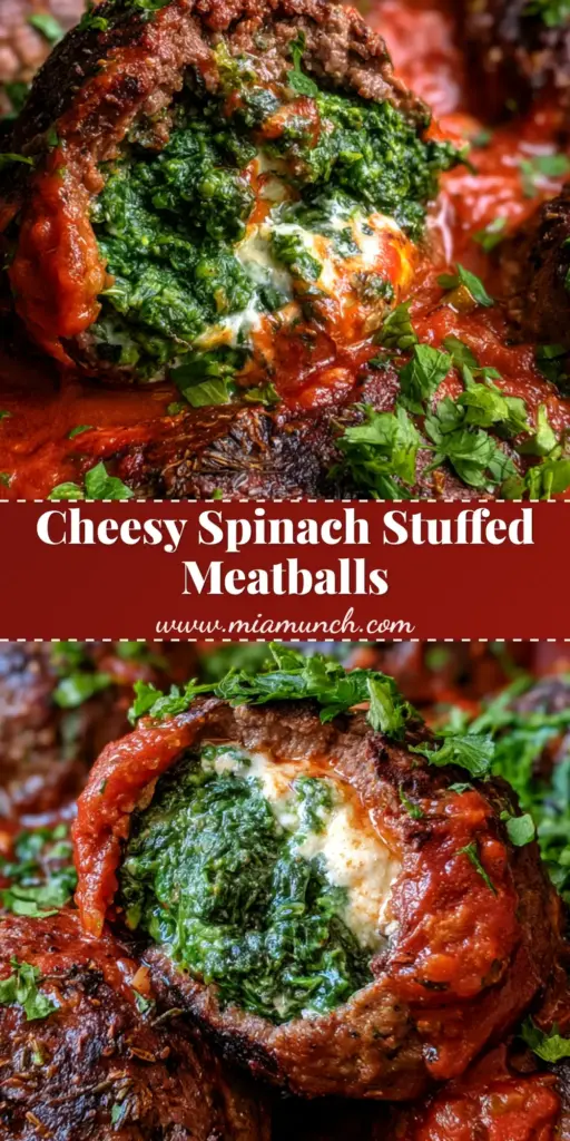Spinach and Ricotta Stuffed Meatballs: The Ultimate Skillet Dinner 4 A close-up shot of Spinach and Ricotta Stuffed Meatballs in a black skillet, one sliced open to show the green spinach and white cheese center.