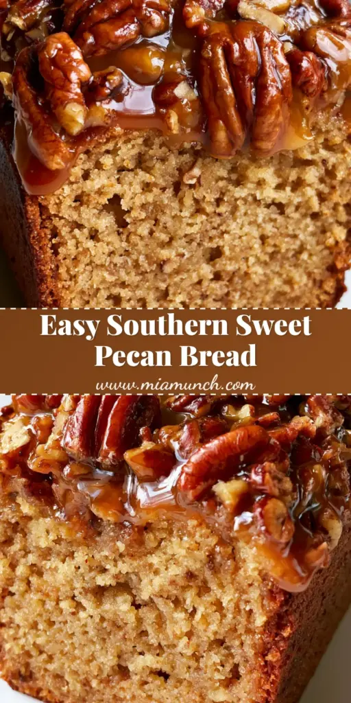 Sweet Alabama Pecan Bread: The Ultimate Glossy Caramel Glazed Loaf 3 A thick rectangular slice of Sweet Alabama Pecan Bread with a glossy amber caramel glaze and toasted whole pecan halves standing upright.