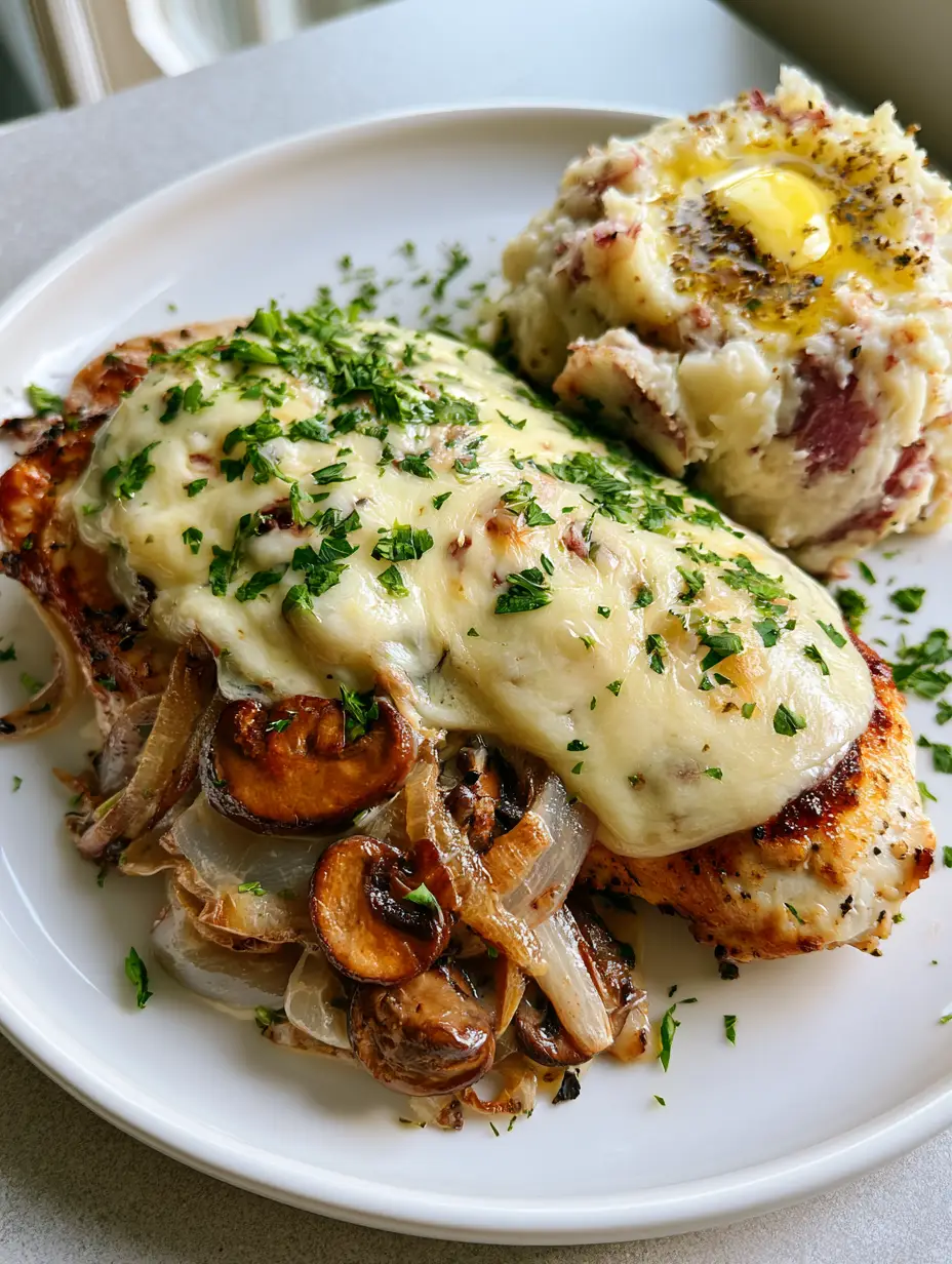 Close-up of seared chicken breast covered in bubbly white cheese and charred onions. (Texas Roadhouse Smothered Chicken)