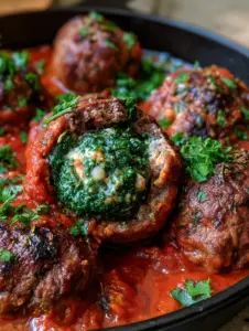 Top-down smartphone photo of seared ground beef meatballs in chunky tomato sauce garnished with parsley.