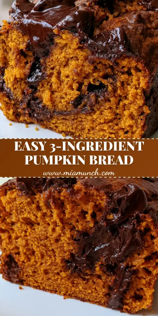 3-Ingredient Pumpkin Bread: The Easiest Moist Chocolate Chip Loaf 4 A tall, vertical Pinterest graphic showing a moist 3-Ingredient Pumpkin Bread slice with melted chocolate chips and a tacky crust.