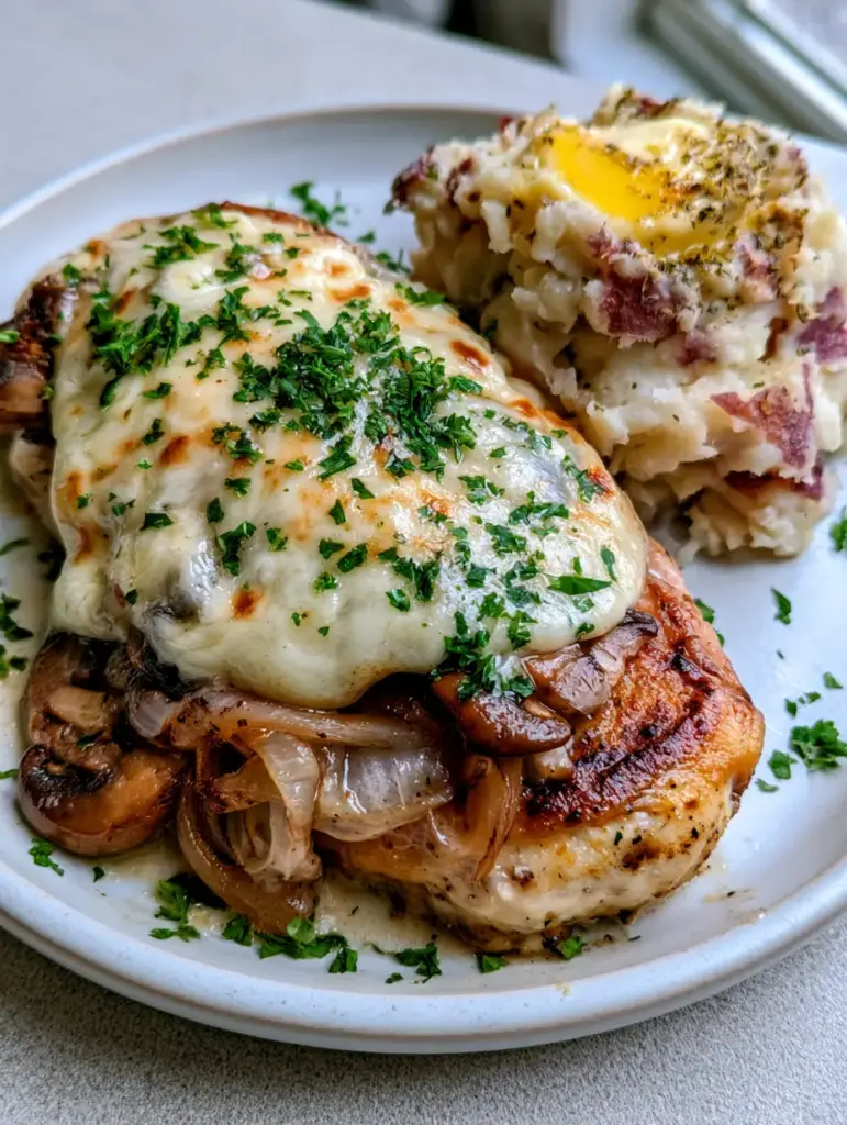 Golden-brown seared chicken topped with mushrooms and onions on a white plate with rustic mashed potatoes.