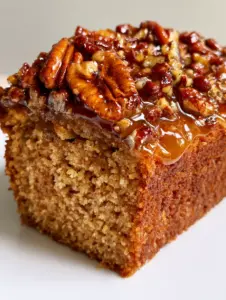 Close up of the dense golden brown bread base and moist interior crumb of Sweet Alabama Pecan Bread.
