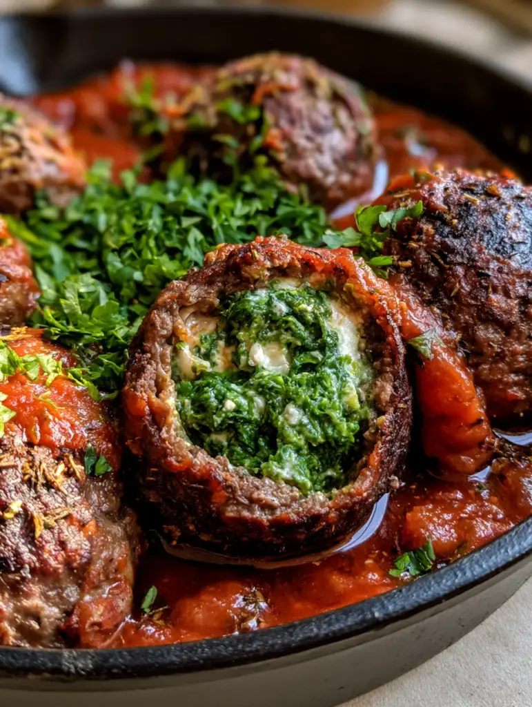 Spinach and Ricotta Stuffed Meatballs: The Ultimate Skillet Dinner 1 A black cast iron skillet filled with large, parsley-topped meatballs in a deep red sauce.