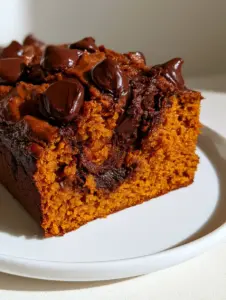A thick vertical slice of moist 3-Ingredient Pumpkin Bread with a dense orange crumb and melted chocolate chips on a white plate.