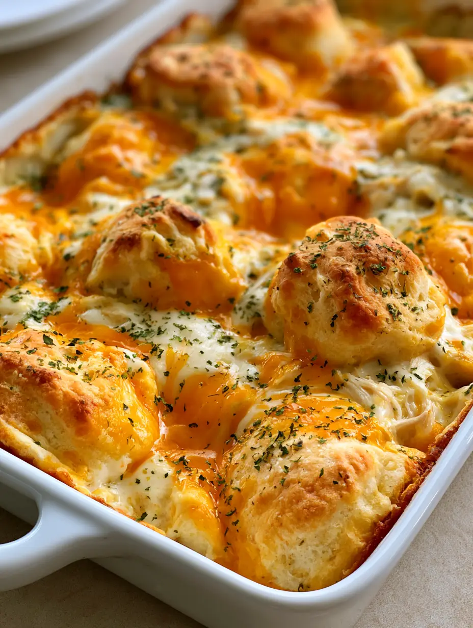 Chicken Bubble Biscuit Bake: The Ultimate Cheesy Comfort Food 3 Close-up of shredded white meat chicken and fluffy biscuit pieces in a thick creamy white sauce within a Chicken Bubble Biscuit Bake.