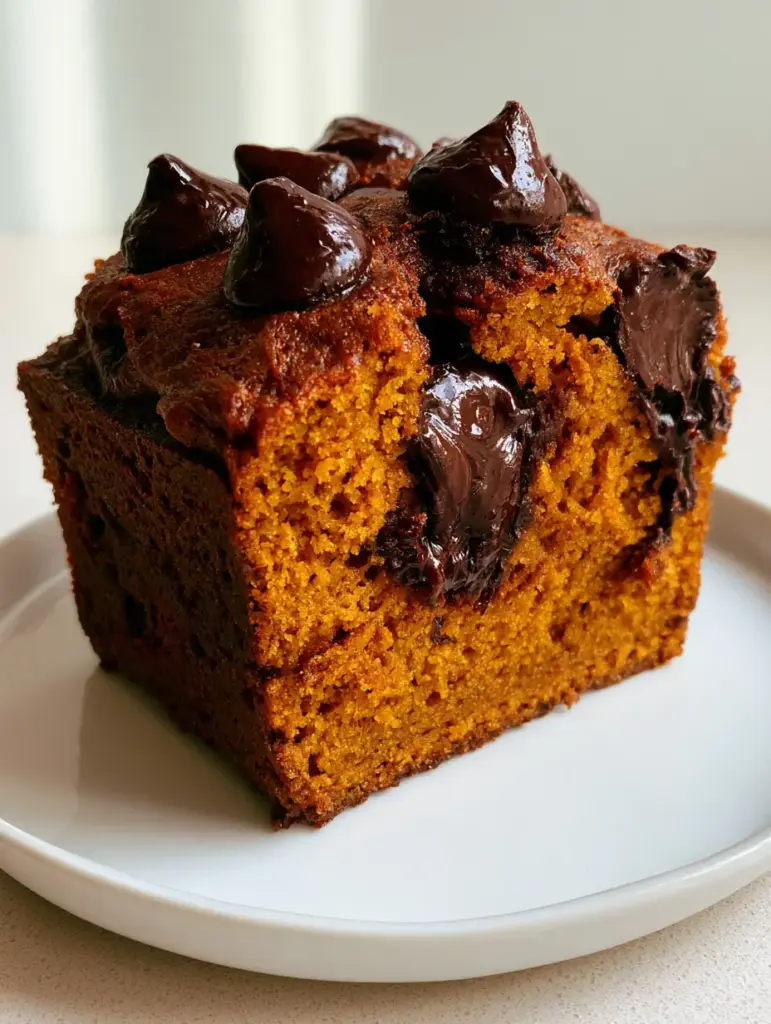 3-Ingredient Pumpkin Bread: The Easiest Moist Chocolate Chip Loaf 1 Side view of 3-Ingredient Pumpkin Bread showing the tacky golden-brown crust and swirled chocolate chips.