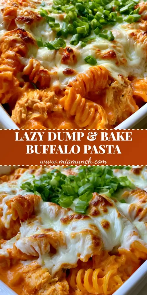 Dump-and-Bake Buffalo Chicken Pasta (Easy No-Boil Dinner) 4 A close-up shot of Dump-and-Bake Buffalo Chicken Pasta in a white ceramic dish featuring rotini, creamy orange sauce, and toasted mozzarella cheese.