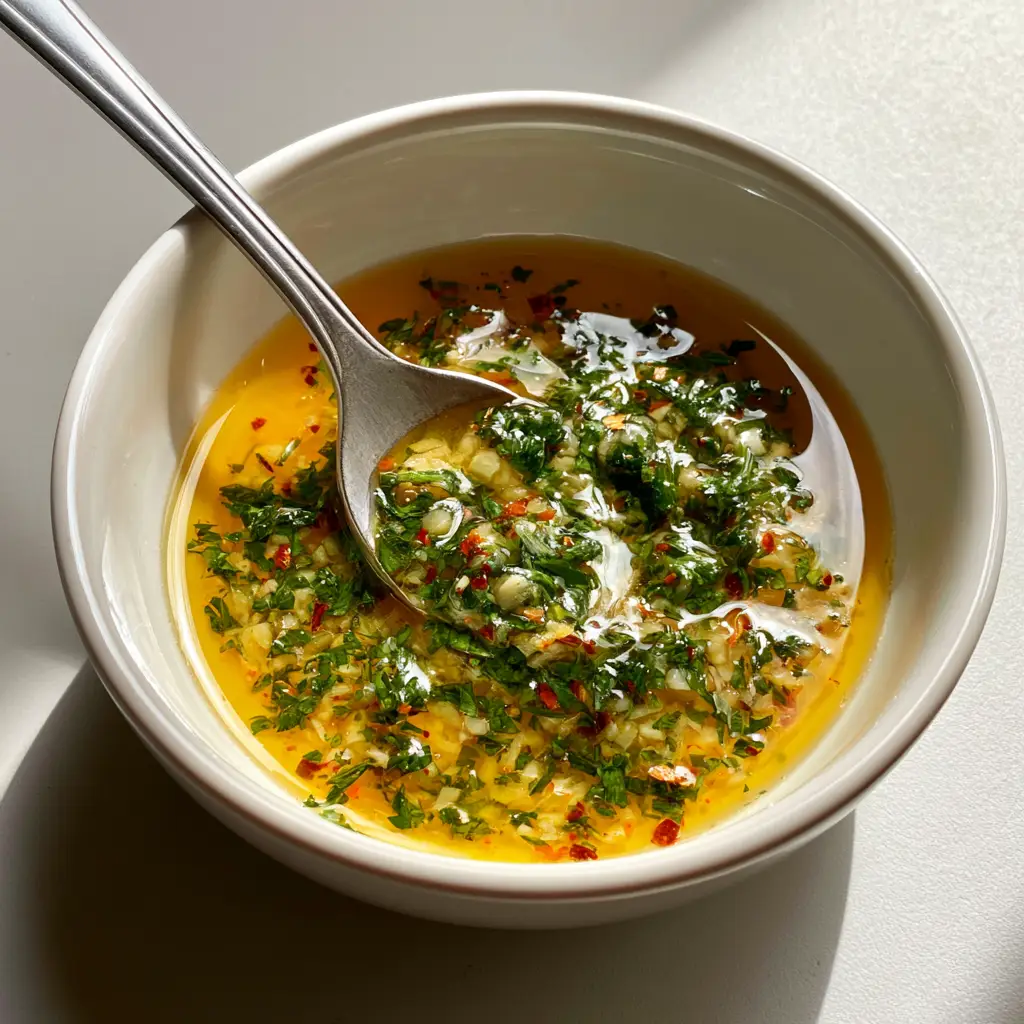 Cowboy Butter Sauce: The Ultimate 5-Minute Viral Steak Butter 2 A handheld smartphone photo of glossy Cowboy Butter Sauce in a white ceramic bowl with a silver spoon.