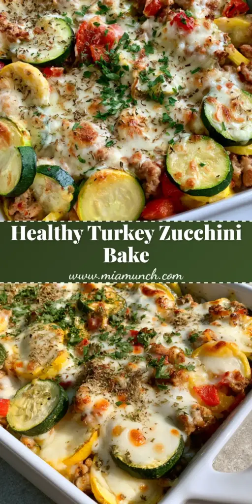 A rectangular white ceramic casserole dish featuring Turkey Zucchini Bake with browned ground turkey, sliced zucchini rounds, and bubbly mozzarella cheese with golden brown spots.