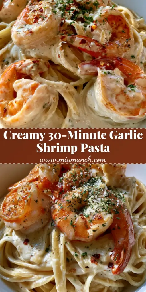 Creamy Garlic Shrimp Pasta with Glossy Parmesan Sauce 4 A top-down view of Creamy Garlic Shrimp Pasta in a white bowl featuring al dente linguine, glossy white sauce, and seared pink shrimp with golden edges.