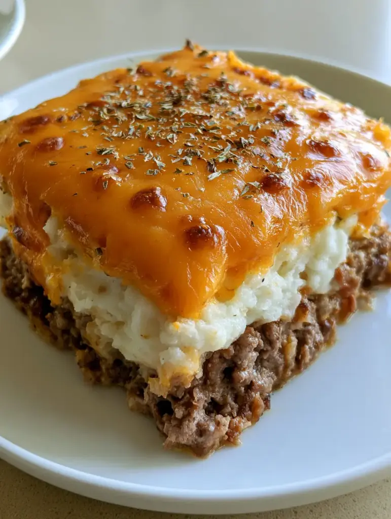 Cheesy Mashed Potato Meatloaf: The Ultimate Comfort Food Casserole 1 A top-down view of the Cheesy Mashed Potato Meatloaf highlighting the toasted brown bubbles on the orange cheddar and dried green herbs.