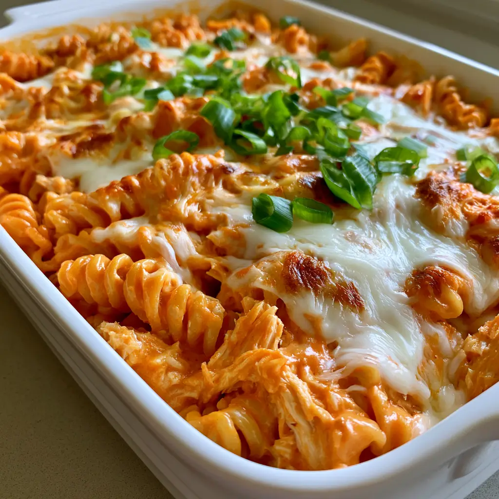 Dump-and-Bake Buffalo Chicken Pasta (Easy No-Boil Dinner) 2 A handheld photo of Dump-and-Bake Buffalo Chicken Pasta showing melted mozzarella with golden brown patches and green onion garnish.