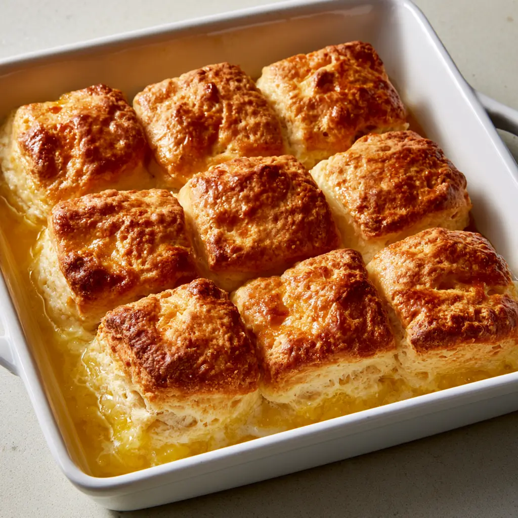 Close-up of Butter Swim Biscuits in a pool of yellow butter showing coarse, buttery exterior texture.