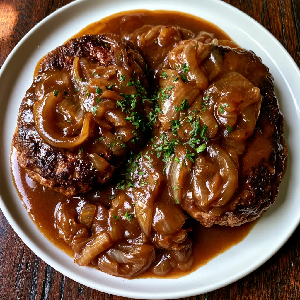 Close-up detail of thick ground beef patties covered in rich brown onion gravy and fresh parsley.