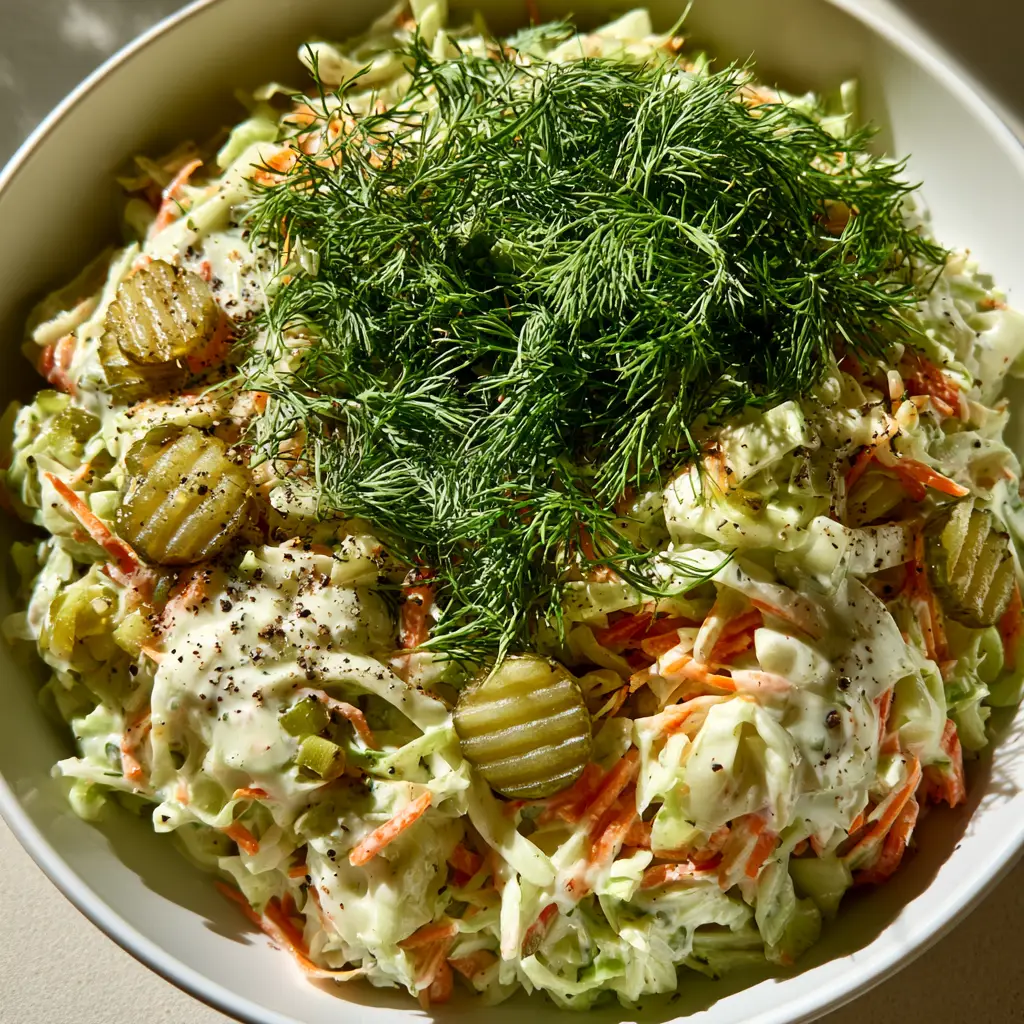 Dill Pickle Coleslaw with Creamy Fresh Dill Dressing 2 A close-up top-down view of Dill Pickle Coleslaw showing the glossy white dressing, orange carrots, and green cabbage ribbons.