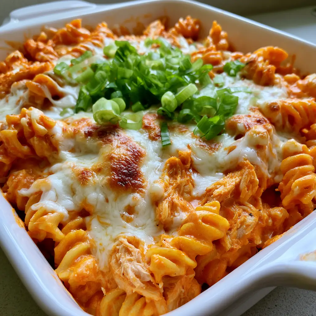 Dump-and-Bake Buffalo Chicken Pasta (Easy No-Boil Dinner) 1 Top-down view of creamy buffalo chicken pasta with rotini spirals and vibrant orange sauce in a ceramic dish.