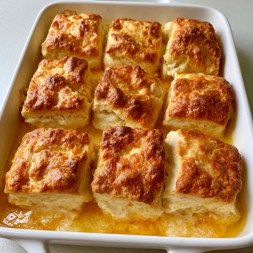 Butter Swim Biscuits: The Easiest Fluffy Buttermilk Biscuits 1 Nine square-cut buttermilk biscuits arranged in a 3x3 grid in a white baking dish.