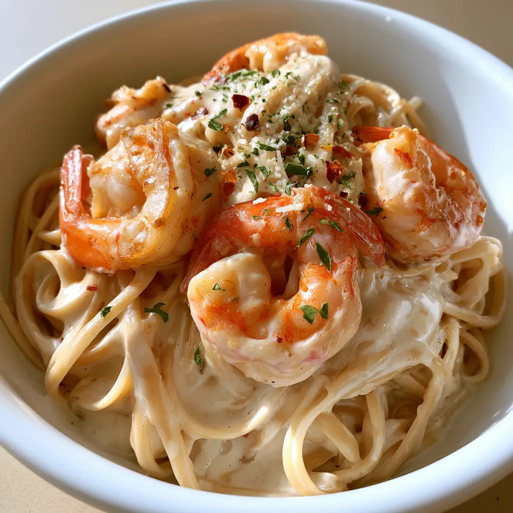 Creamy Garlic Shrimp Pasta with Glossy Parmesan Sauce 2 Smartphone photo of Creamy Garlic Shrimp Pasta showing the thick, glossy white cream sauce and succulent orange-pink shrimp.