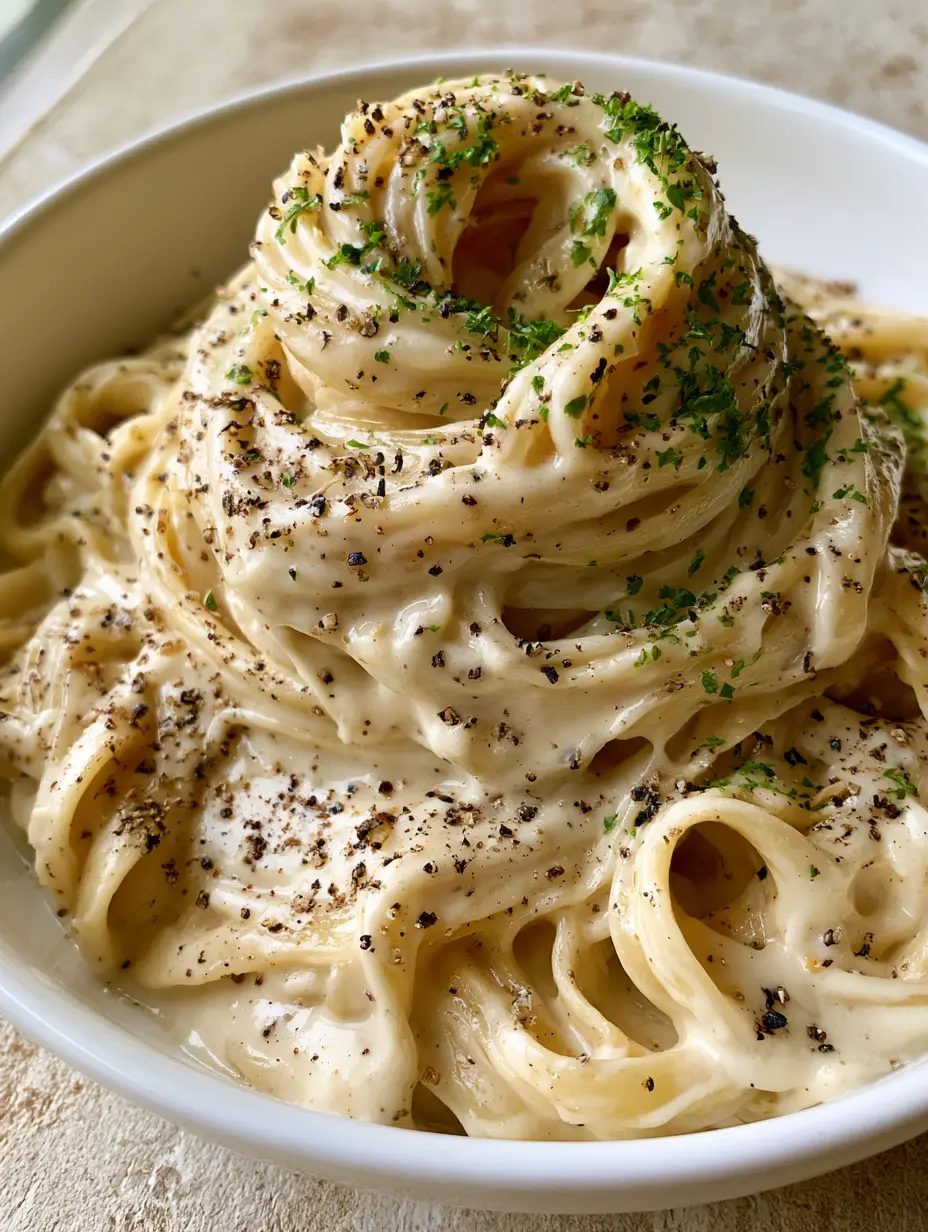 Close-up eye-level shot of a white ceramic bowl filled with glossy white cream sauce pasta. (Homemade Alfredo Sauce Recipe)