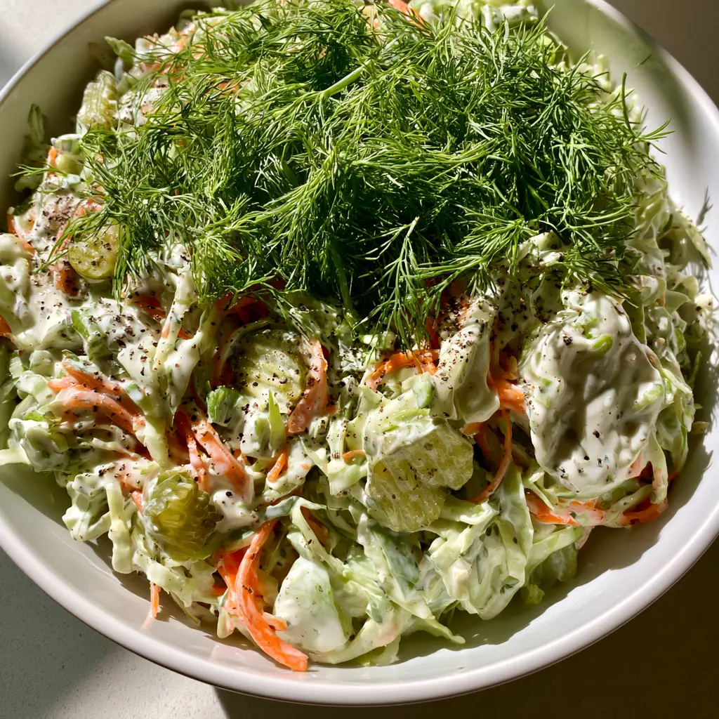 Dill Pickle Coleslaw with Creamy Fresh Dill Dressing 1 Dill Pickle Coleslaw garnished with a dense layer of fresh feathery dill and cracked black pepper flakes.