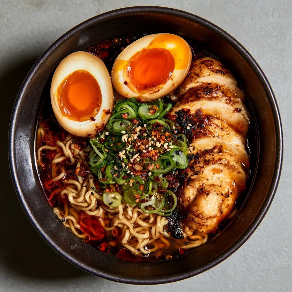 Homemade Ramen Recipe: The Ultimate Rich Shoyu Chicken Bowl 2 Close-up of thin ramen noodles in a dark soy-based broth for a Homemade Ramen Recipe.