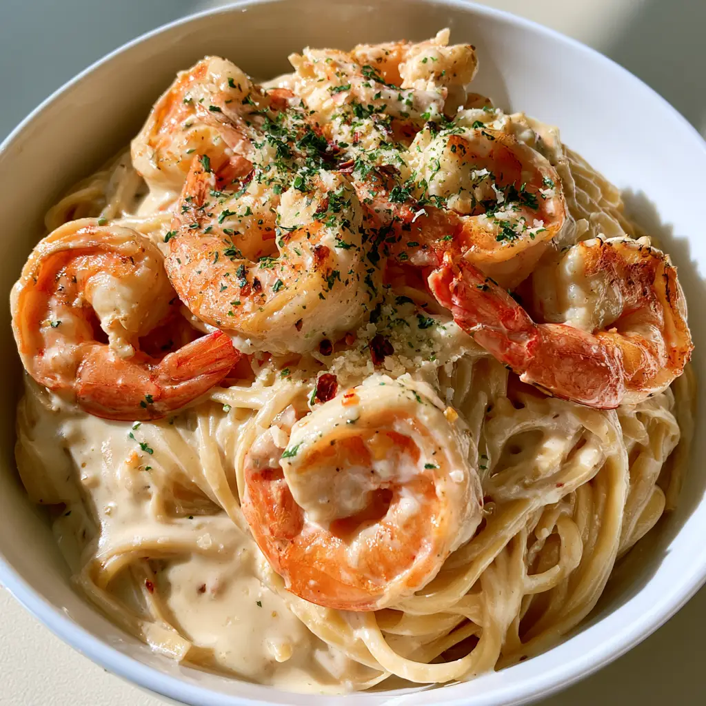 Creamy Garlic Shrimp Pasta with Glossy Parmesan Sauce 1 Creamy Garlic Shrimp Pasta garnished with fresh green parsley and red pepper flakes in a white ceramic bowl.