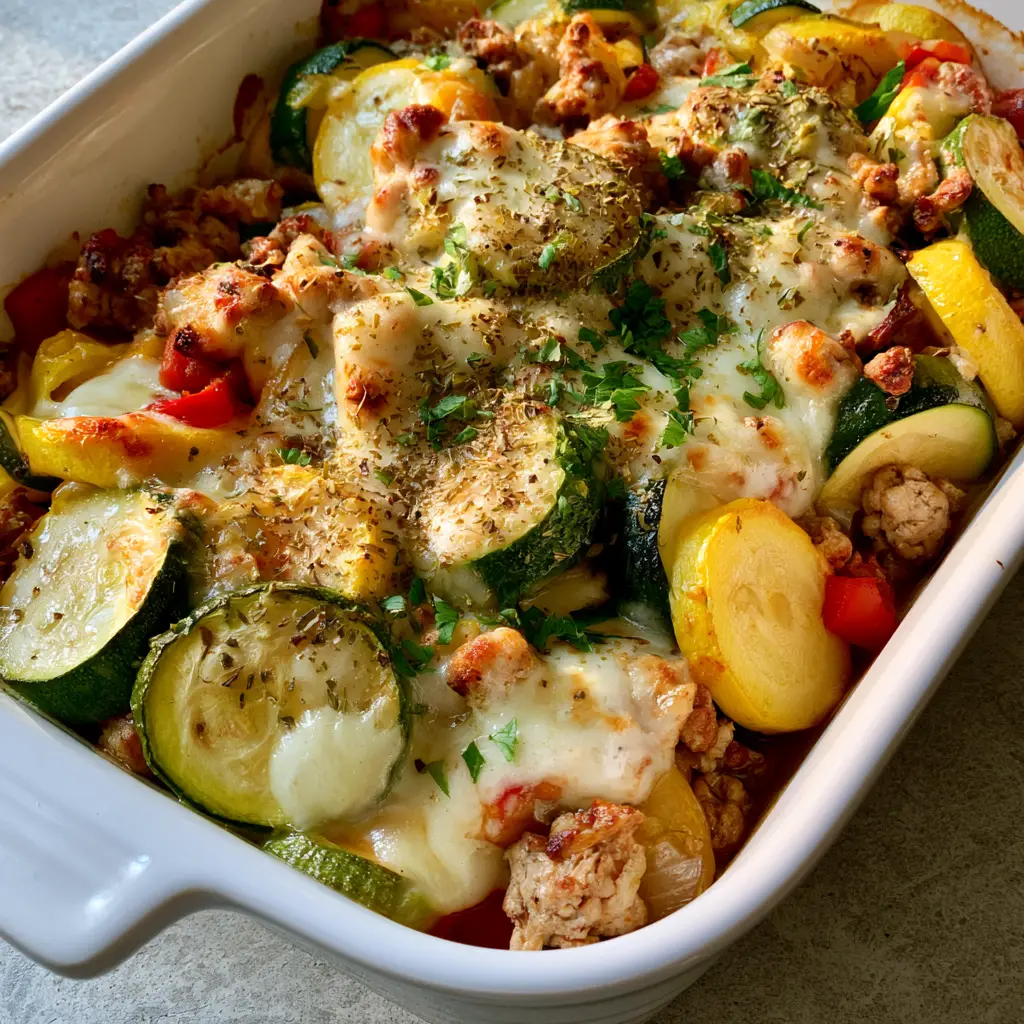 High angle shot of a Turkey Zucchini Bake in a white dish, showing the browned turkey and colorful red peppers under a cheese crust.