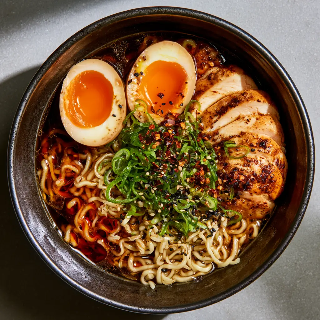 Homemade Ramen Recipe: The Ultimate Rich Shoyu Chicken Bowl 1 Seared chicken breast slices and jammy egg halves topping a Homemade Ramen Recipe.