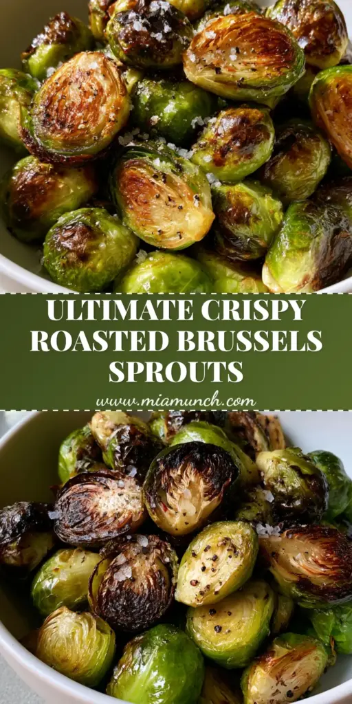 A heap of halved Roasted Brussels Sprouts in a white bowl showing charred leaves and sea salt crystals.