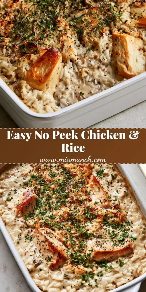 No Peek Chicken Casserole: The Easiest Creamy One-Pan Dinner 4 A close-up shot of No Peek Chicken Casserole in a white dish showing creamy rice, golden chicken chunks, and parsley flakes.
