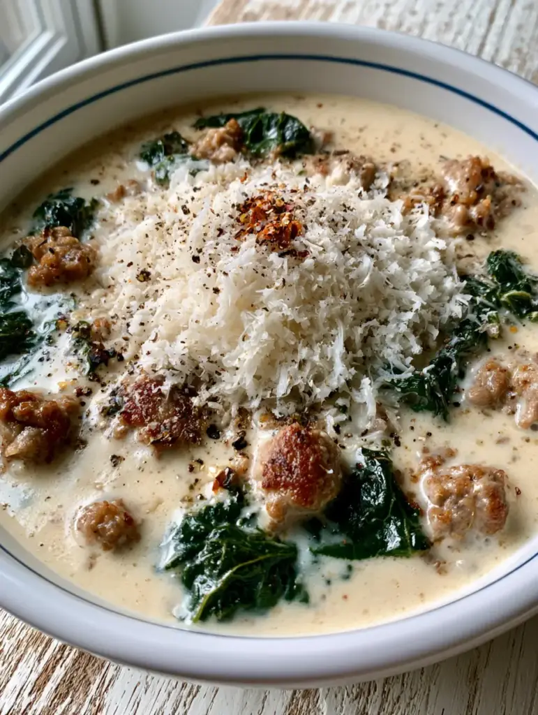 A bowl of Creamy Parmesan Sausage Soup topped with a mound of fluffy parmesan cheese and red pepper flakes.