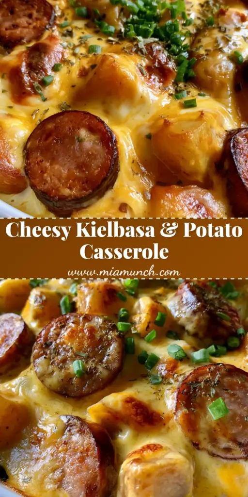 Kielbasa Potato Casserole with Creamy Cheddar Sauce 4 A handheld smartphone photo of a cheesy Kielbasa Potato Casserole in a white ceramic dish with seared sausage, melted cheddar, and green onions.