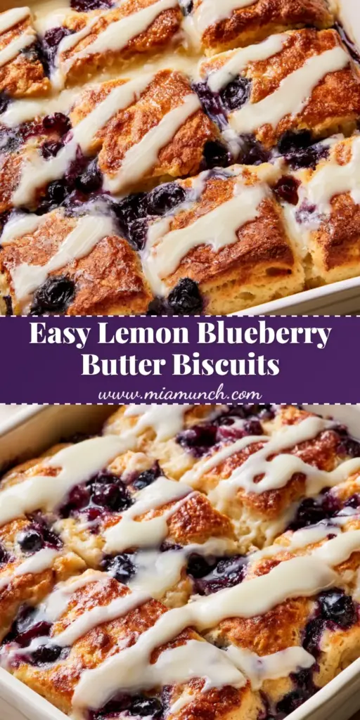 A square white ceramic baking dish with fluffy Lemon Blueberry Butter Swim Biscuits, golden-brown crust, bursting purple blueberries, and a thick white lemon glaze zigzag.