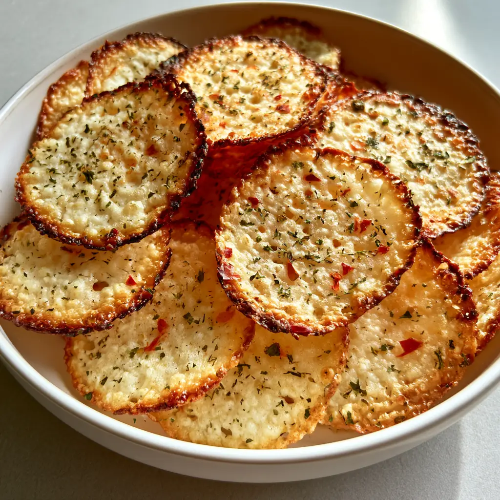 Cottage Cheese Chips: The Ultimate Crispy High-Protein Snack 1 Close up of Cottage Cheese Chips showing the bubbly translucent center and toasted cheese edges.