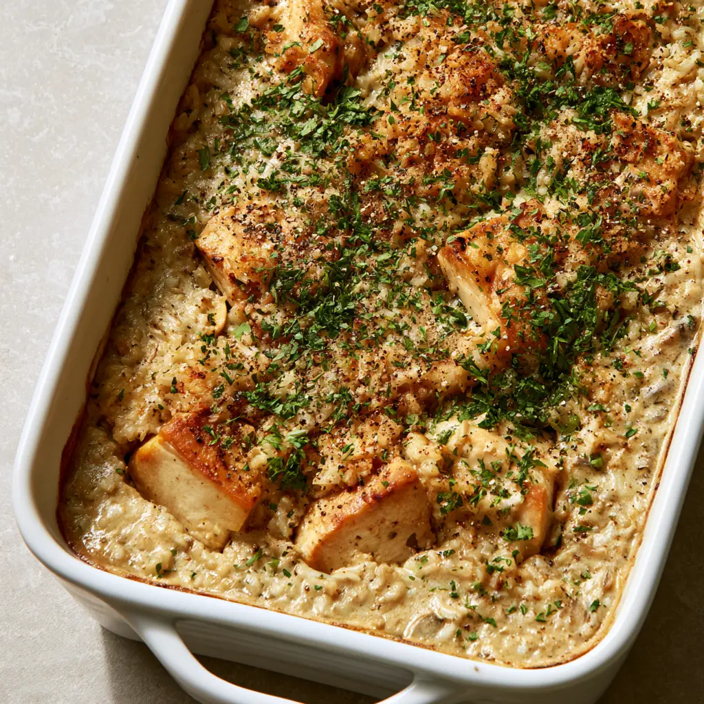 No Peek Chicken Casserole: The Easiest Creamy One-Pan Dinner 2 Rectangular white dish filled with creamy No Peek Chicken Casserole and toasted rice topping.
