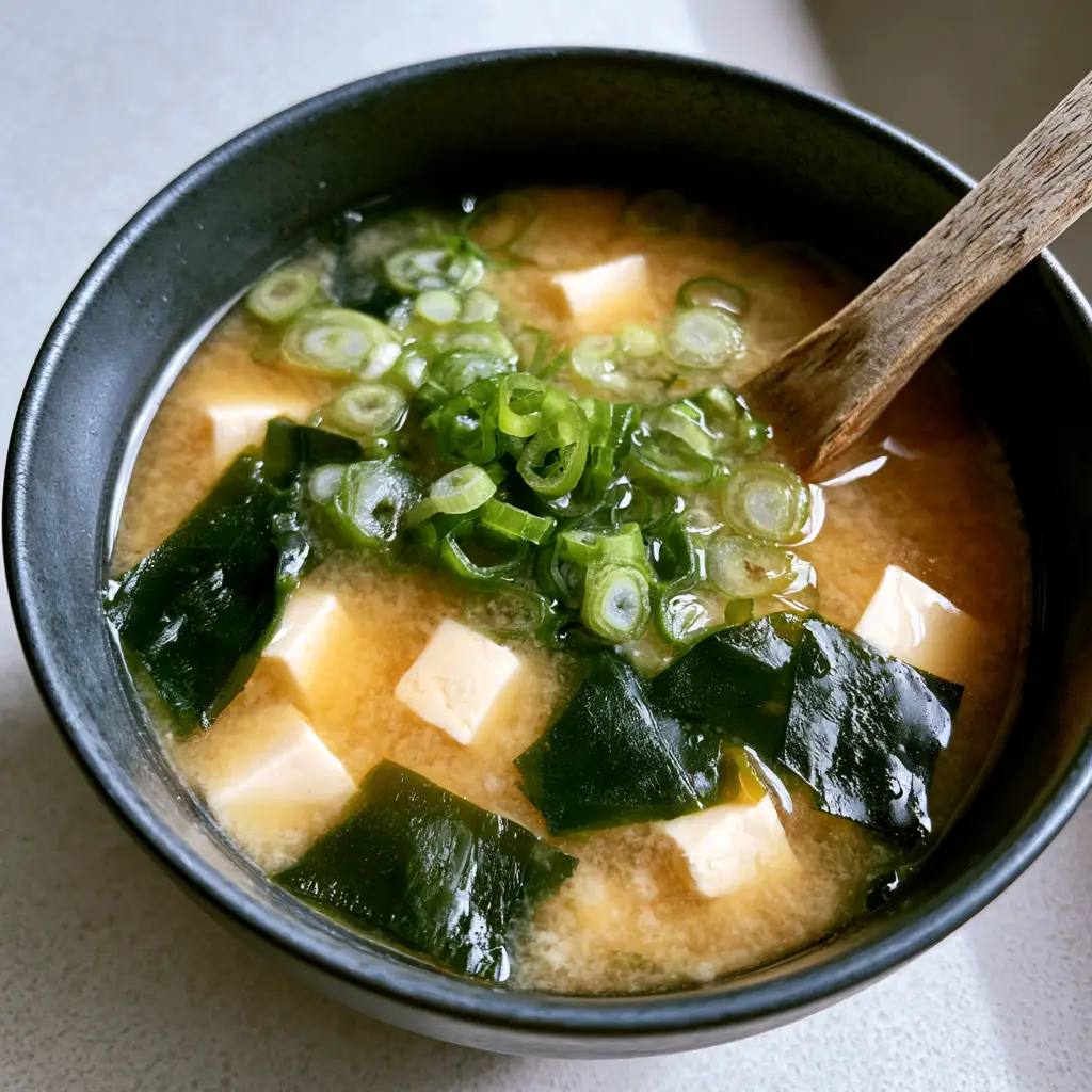 Miso Soup Recipe: Authentic Japanese Comfort in 15 Minutes 2 Close up shot of Miso Soup Recipe showing the cloudy golden-brown broth and wakame seaweed.